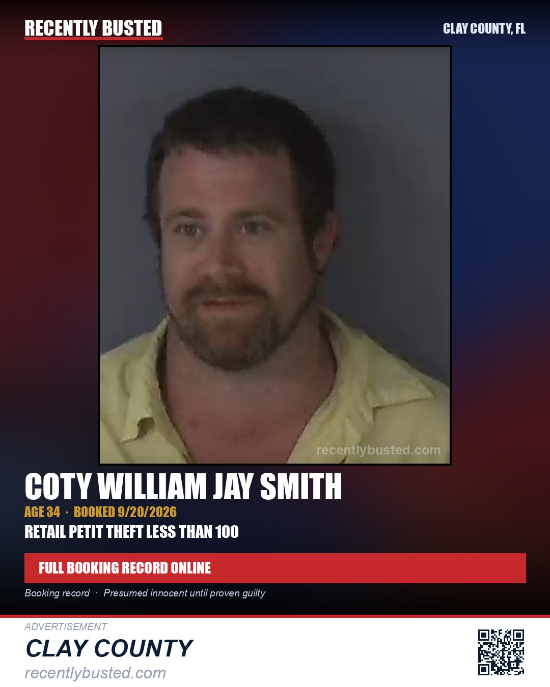 COTY WILLIAM JAY SMITH — arrest record card, Clay County, Florida