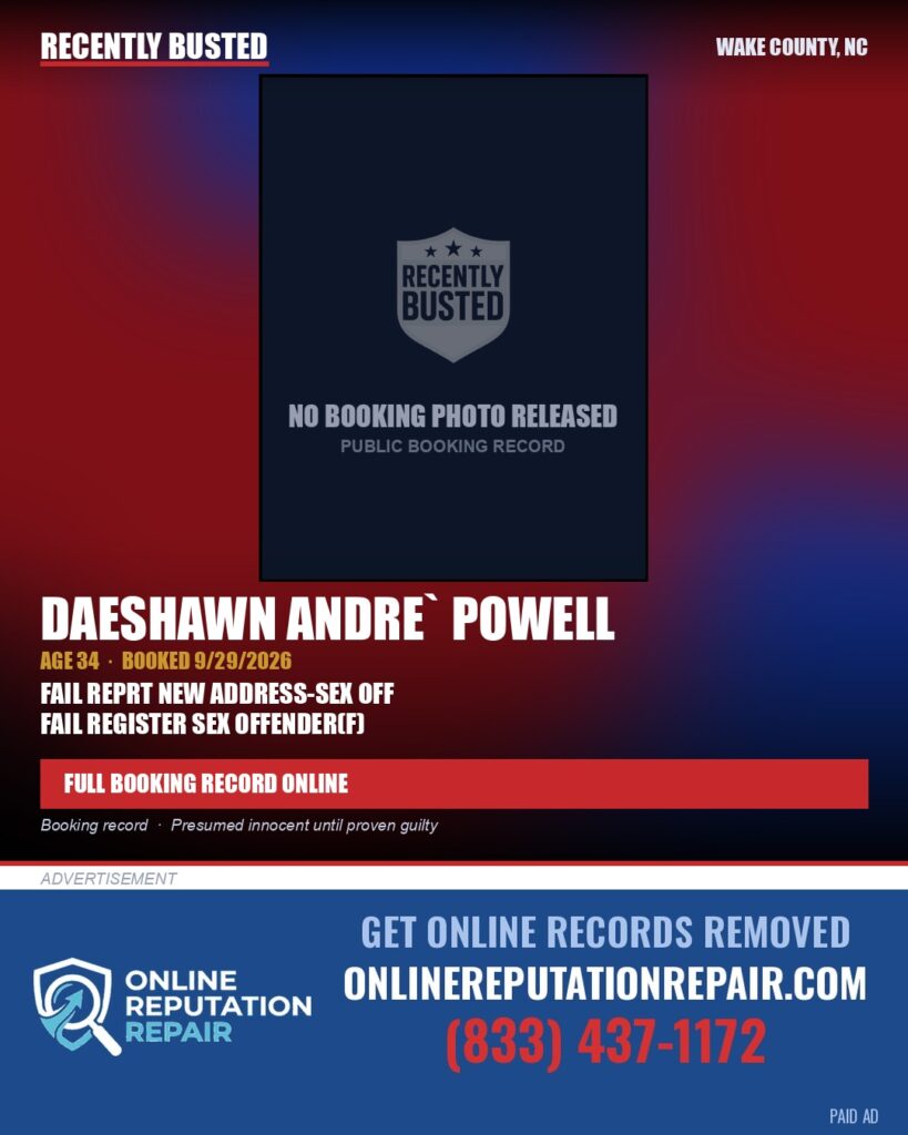 DAESHAWN ANDRE` POWELL — arrest record card, Wake County, North Carolina