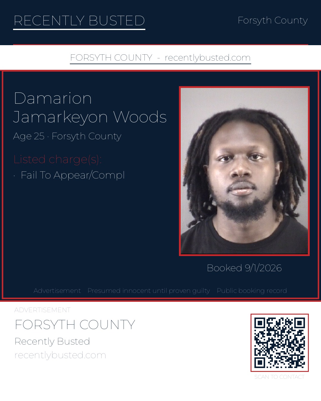 DAMARION JAMARKEYON WOODS — arrest record card, Forsyth County, North Carolina