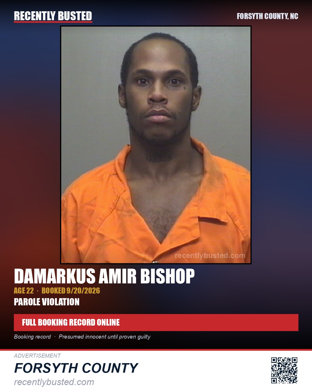 DAMARKUS AMIR BISHOP — arrest record card, Forsyth County, North Carolina