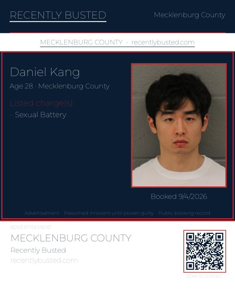 DANIEL KANG — arrest record card, Mecklenburg County, North Carolina