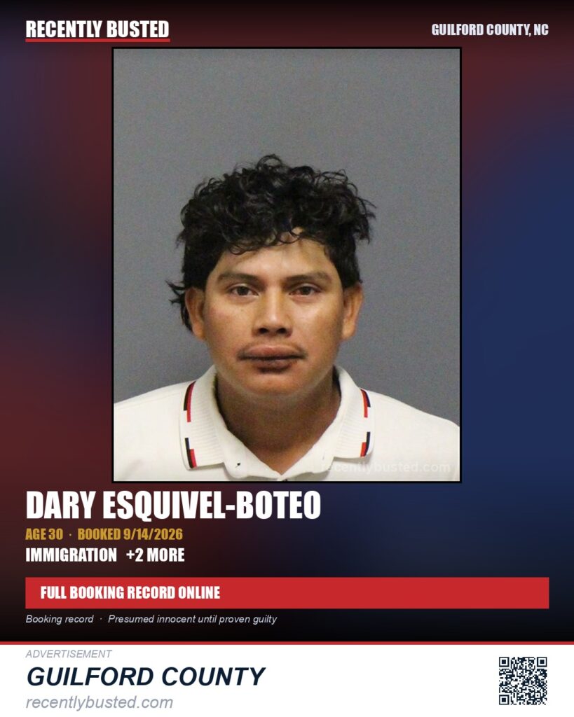 DARY ESQUIVEL-BOTEO — arrest record card, Guilford County, North Carolina