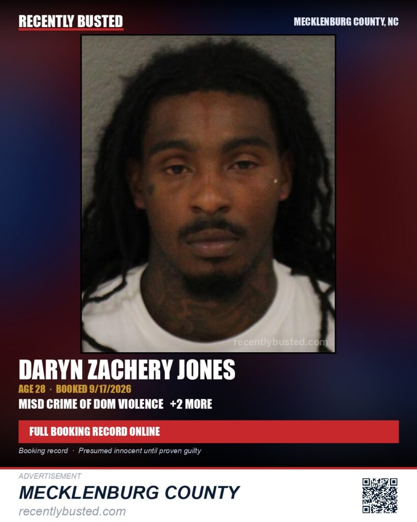 DARYN ZACHERY JONES — arrest record card, Mecklenburg County, North Carolina