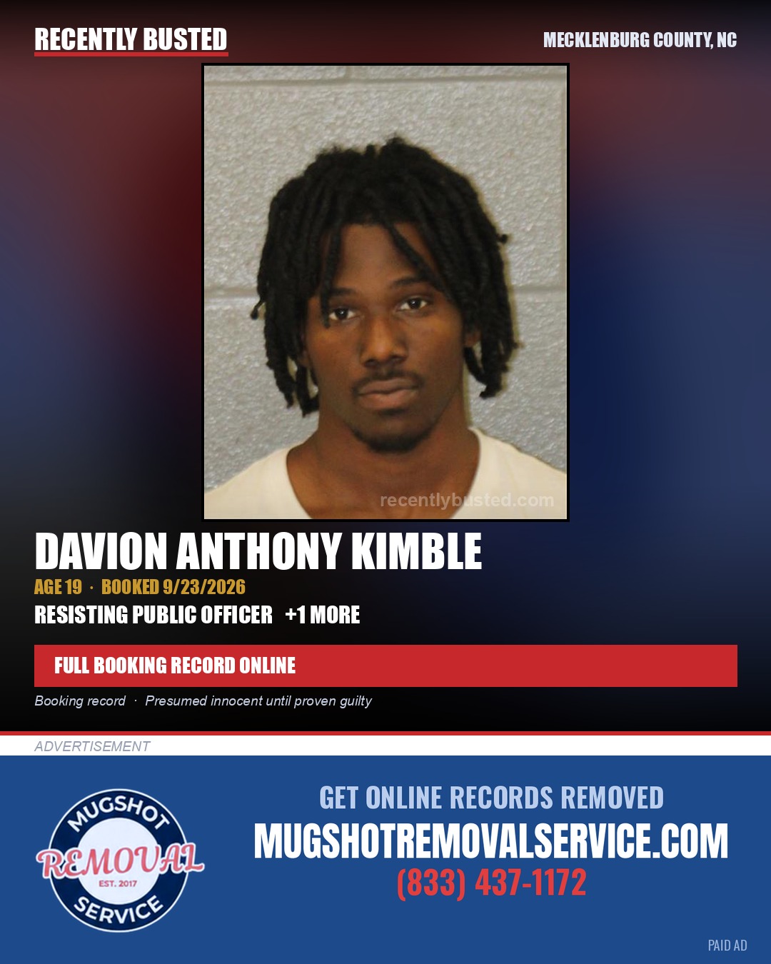 DAVION ANTHONY KIMBLE — arrest record card, Mecklenburg County, North Carolina