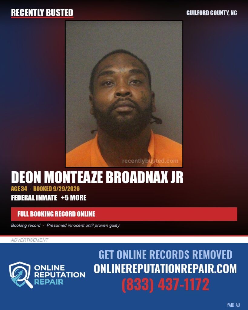DEON MONTEAZE BROADNAX JR — arrest record card, Guilford County, North Carolina