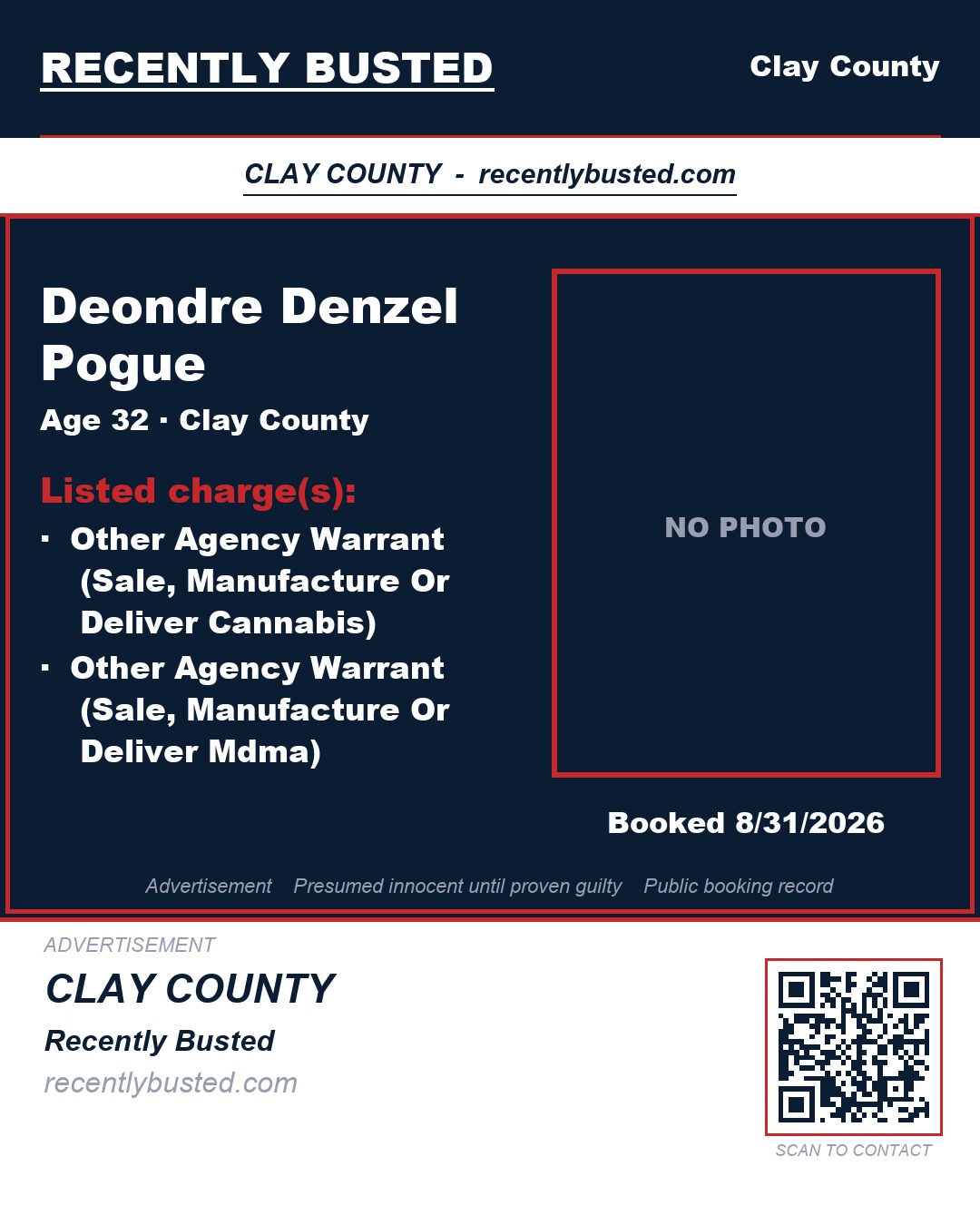 DEONDRE DENZEL POGUE — arrest record card, Clay County, Florida