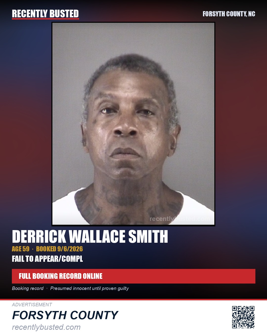 DERRICK WALLACE SMITH — arrest record card, Forsyth County, North Carolina