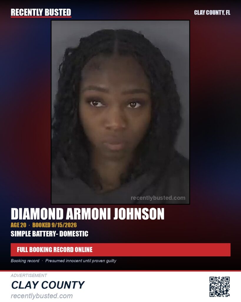DIAMOND ARMONI JOHNSON — arrest record card, Clay County, Florida