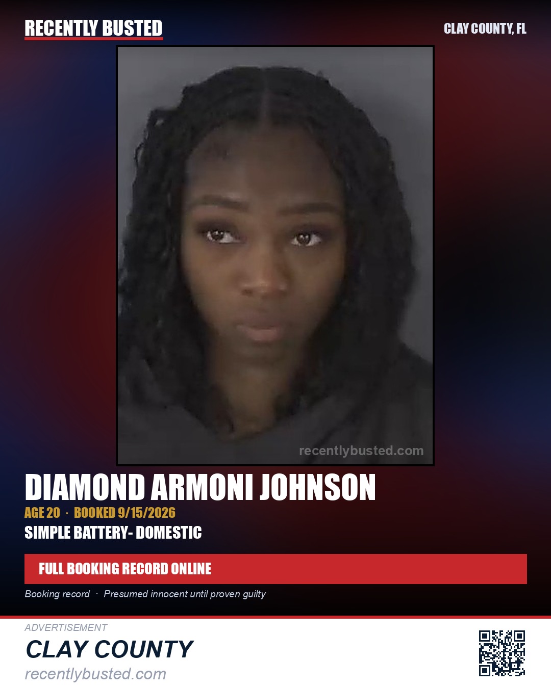 DIAMOND ARMONI JOHNSON — arrest record card, Clay County, Florida