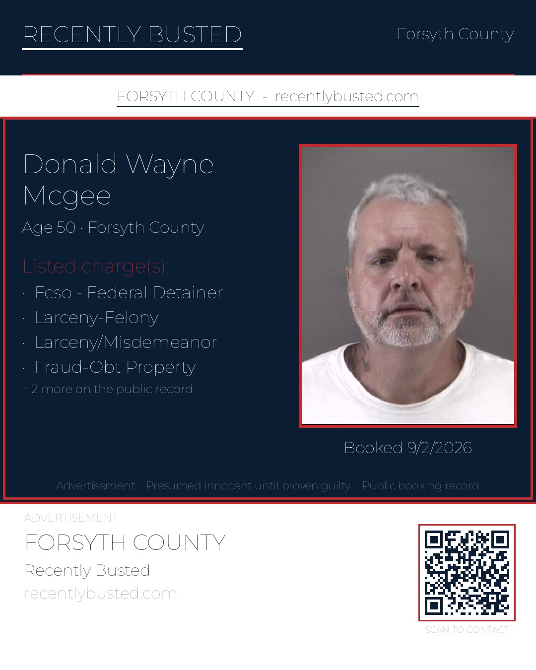 DONALD WAYNE MCGEE — arrest record card, Forsyth County, North Carolina