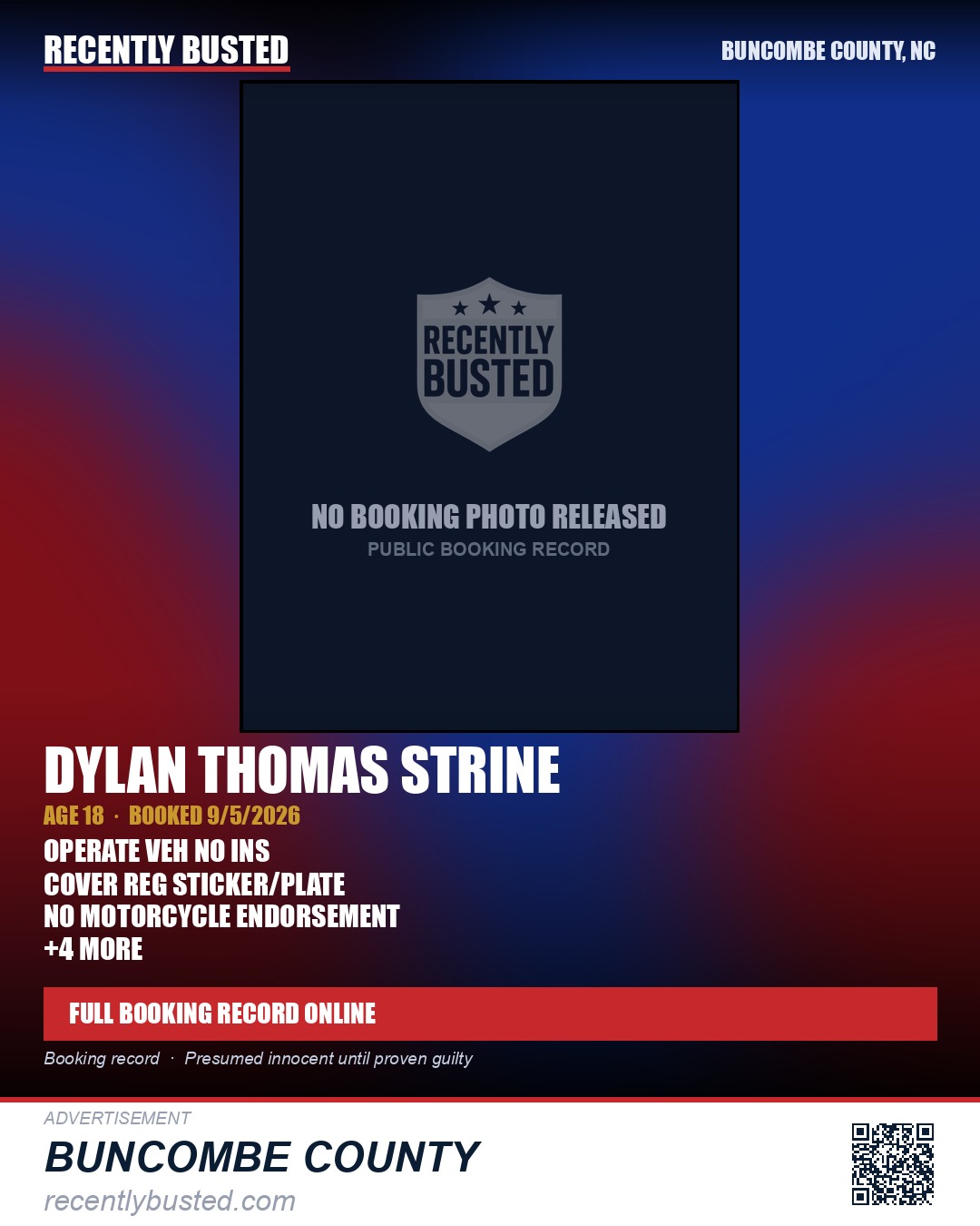 DYLAN THOMAS STRINE — arrest record card, Buncombe County, North Carolina