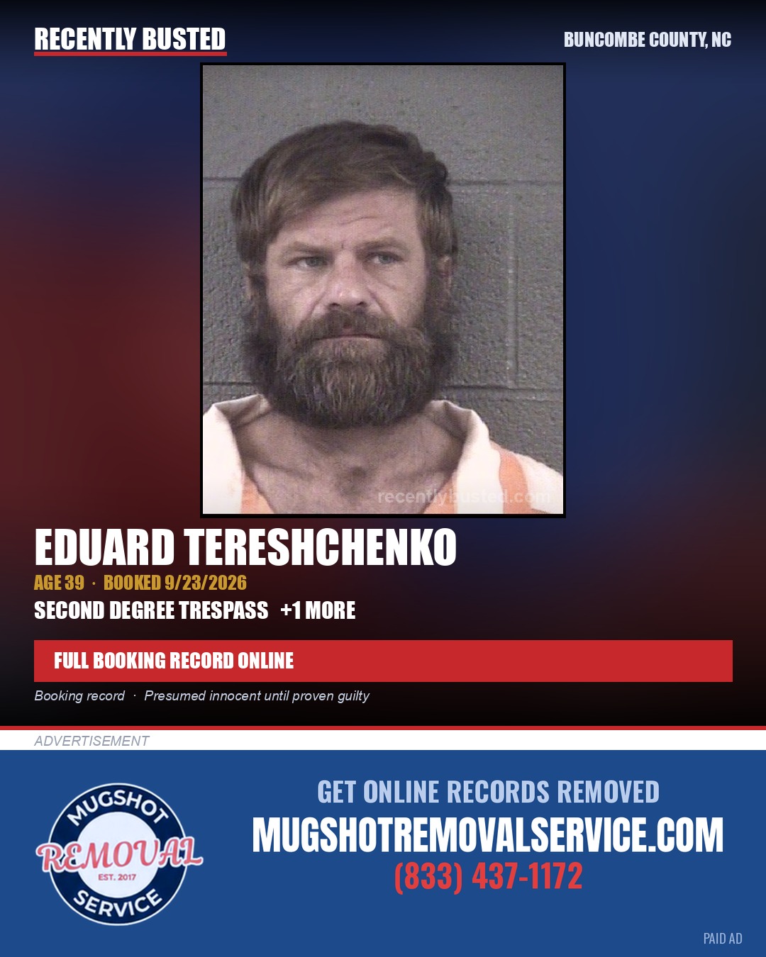 EDUARD TERESHCHENKO — arrest record card, Buncombe County, North Carolina