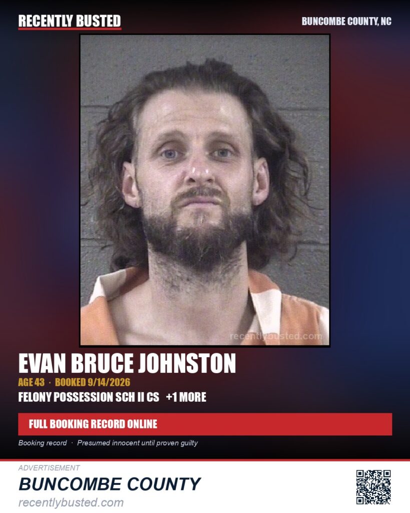 EVAN BRUCE JOHNSTON — arrest record card, Buncombe County, North Carolina