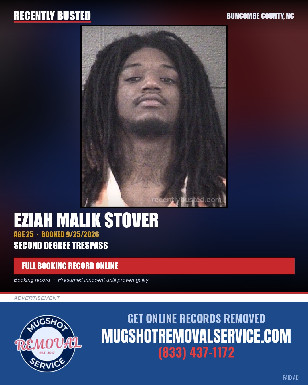 EZIAH MALIK STOVER — arrest record card, Buncombe County, North Carolina