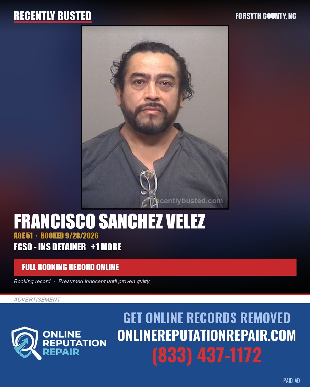 FRANCISCO SANCHEZ VELEZ — arrest record card, Forsyth County, North Carolina