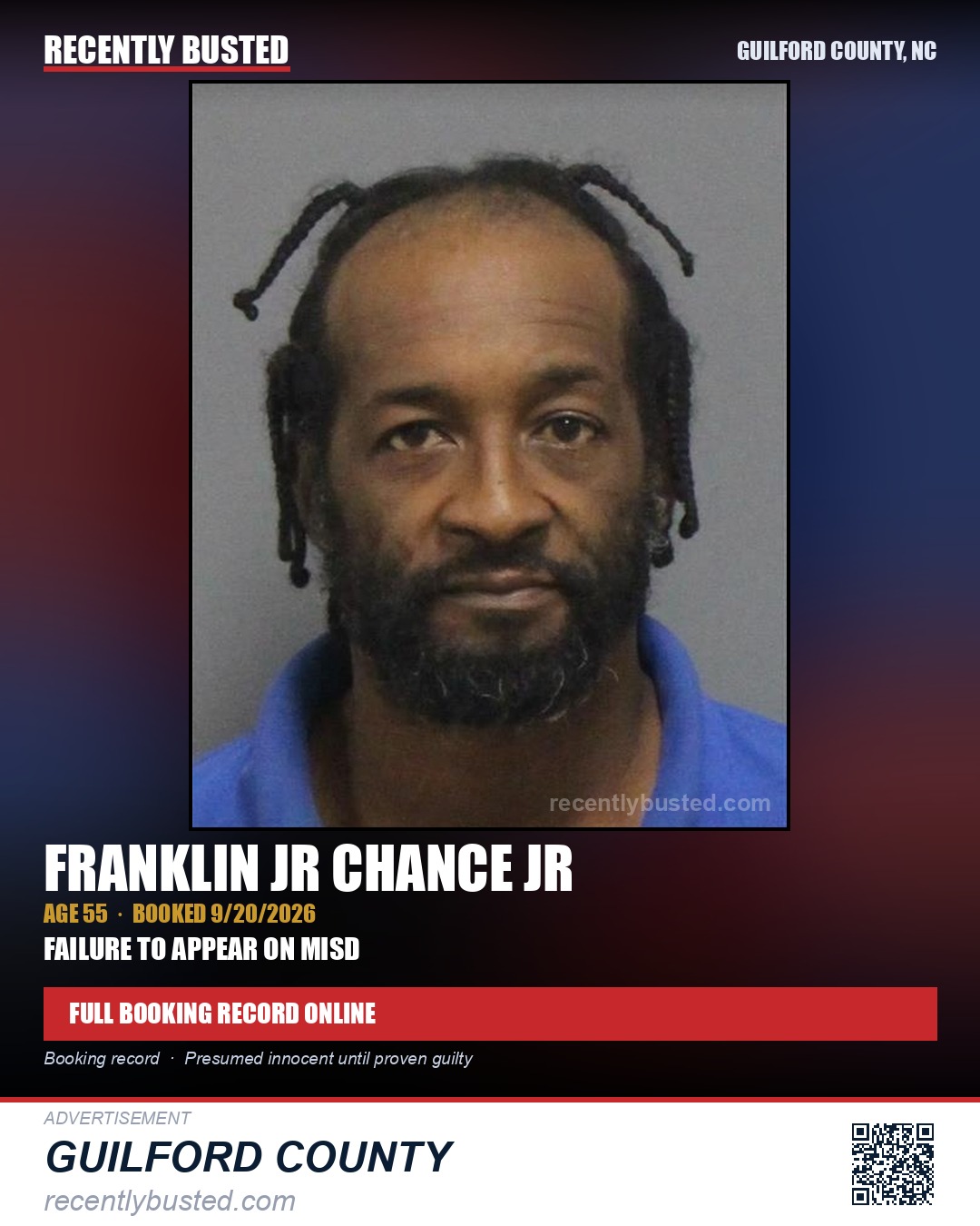 FRANKLIN JR CHANCE JR — arrest record card, Guilford County, North Carolina