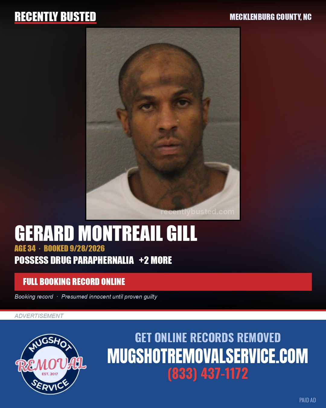 GERARD MONTREAIL GILL — arrest record card, Mecklenburg County, North Carolina