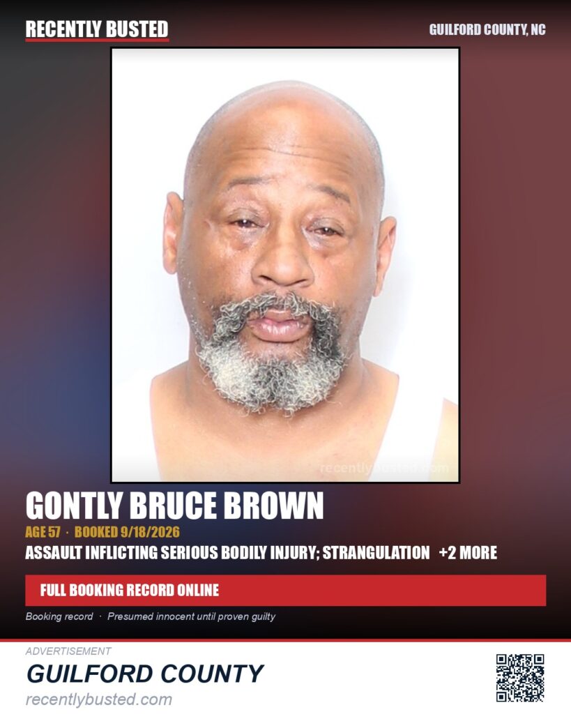 GONTLY BRUCE BROWN — arrest record card, Guilford County, North Carolina