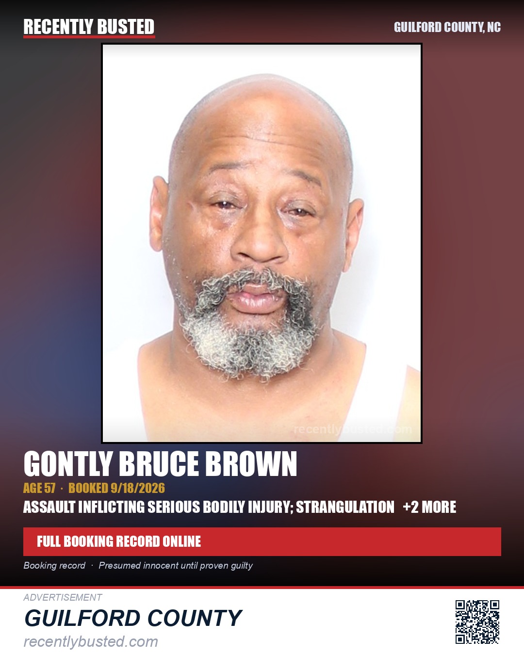 GONTLY BRUCE BROWN — arrest record card, Guilford County, North Carolina