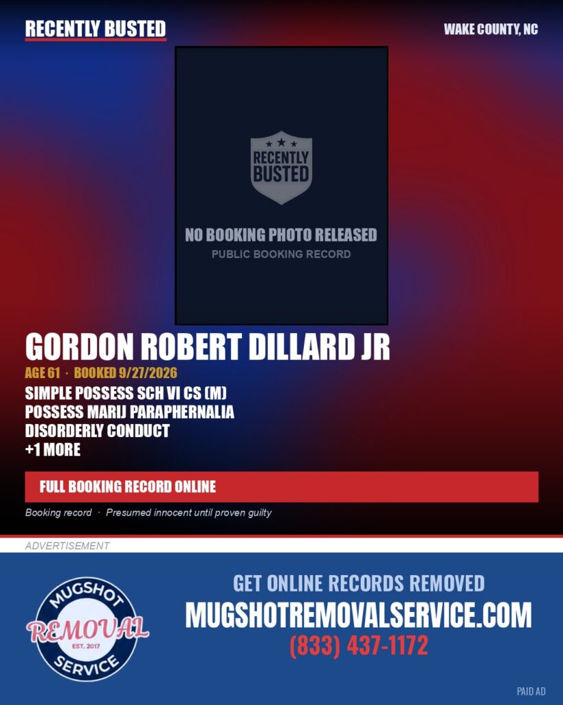 GORDON ROBERT DILLARD JR — arrest record card, Wake County, North Carolina