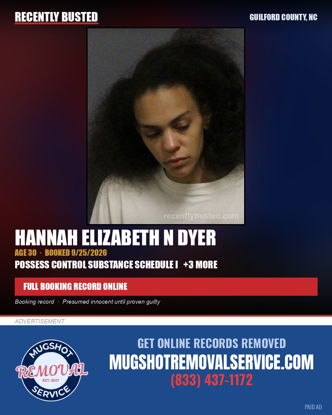 HANNAH ELIZABETH N DYER — arrest record card, Guilford County, North Carolina