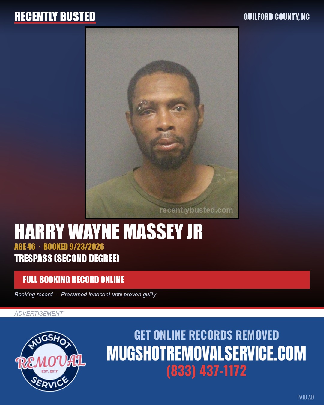 HARRY WAYNE MASSEY JR — arrest record card, Guilford County, North Carolina