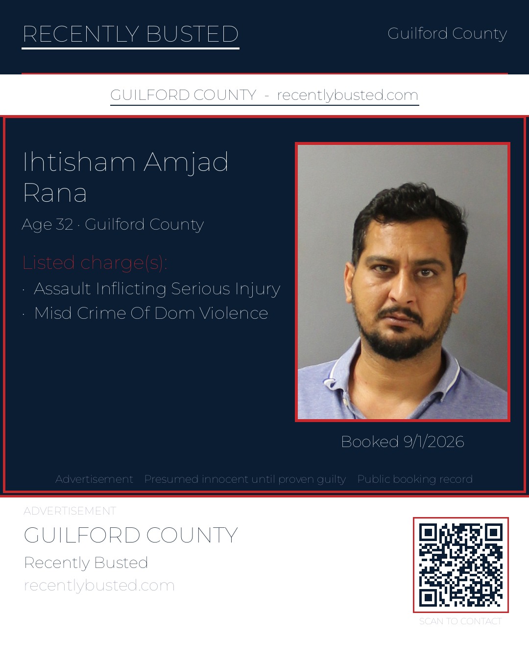 IHTISHAM AMJAD RANA — arrest record card, Guilford County, North Carolina