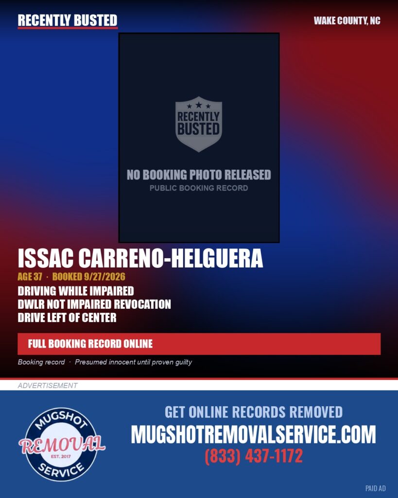 ISSAC CARRENO-HELGUERA — arrest record card, Wake County, North Carolina