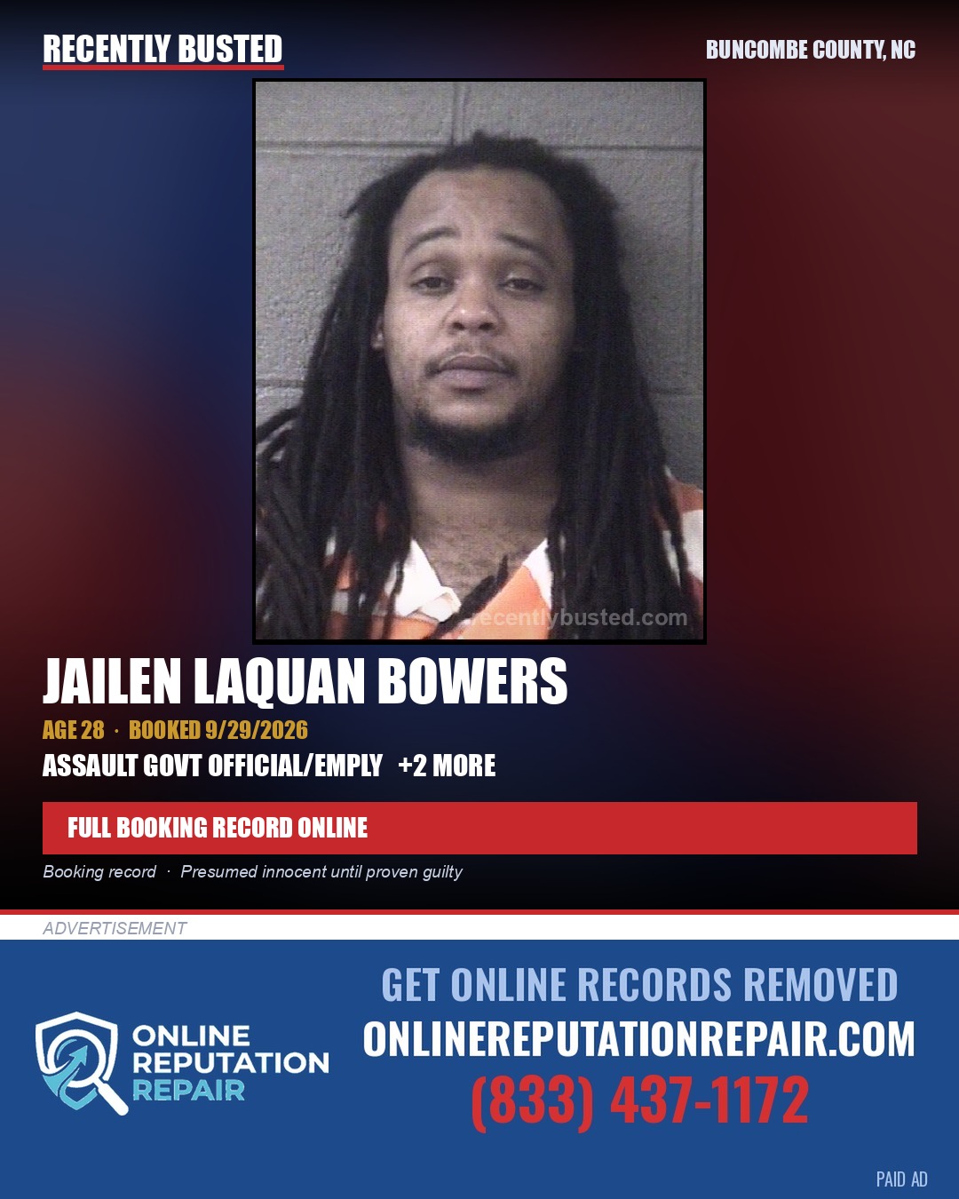 JAILEN LAQUAN BOWERS — arrest record card, Buncombe County, North Carolina