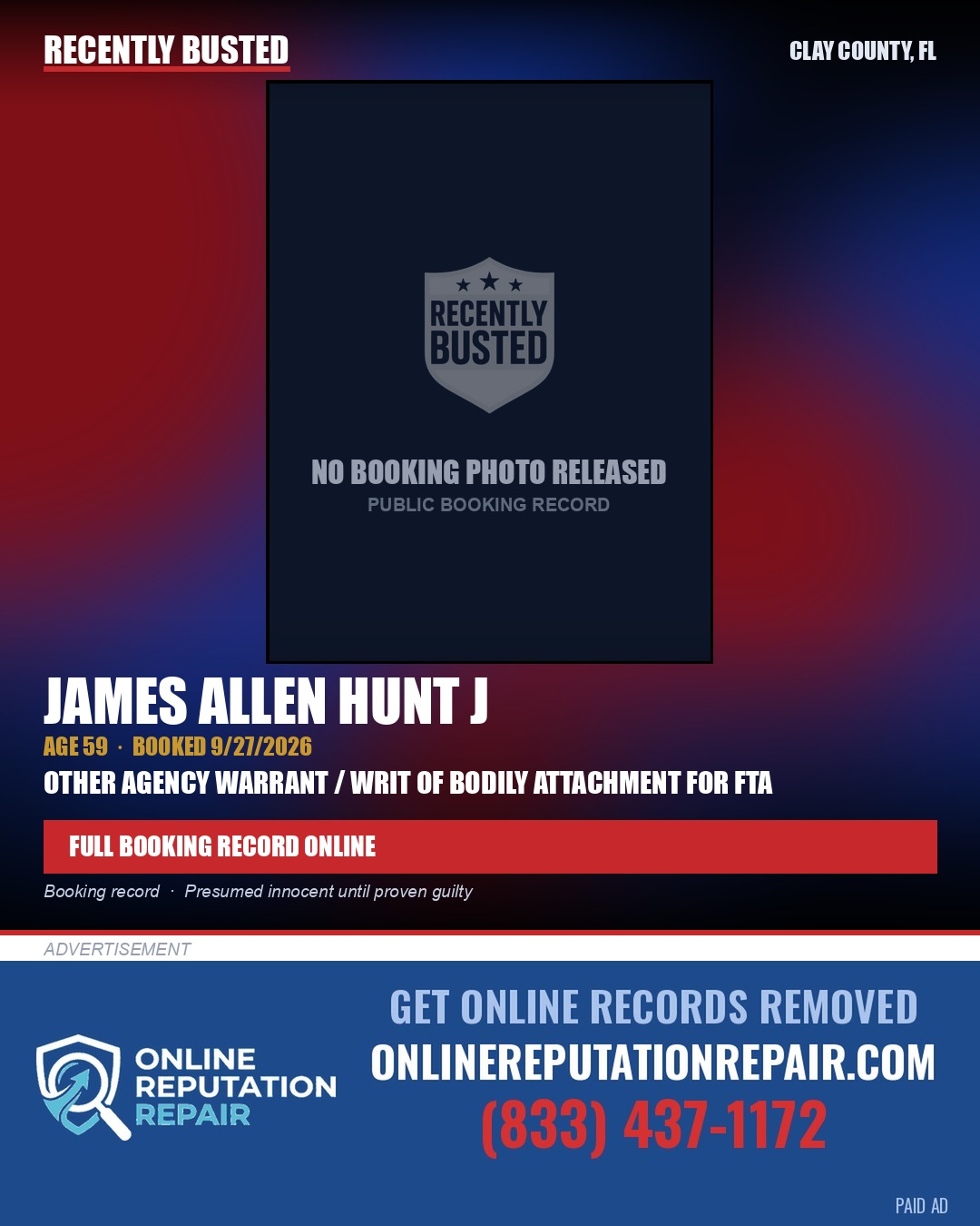 JAMES ALLEN HUNT J — arrest record card, Clay County, Florida