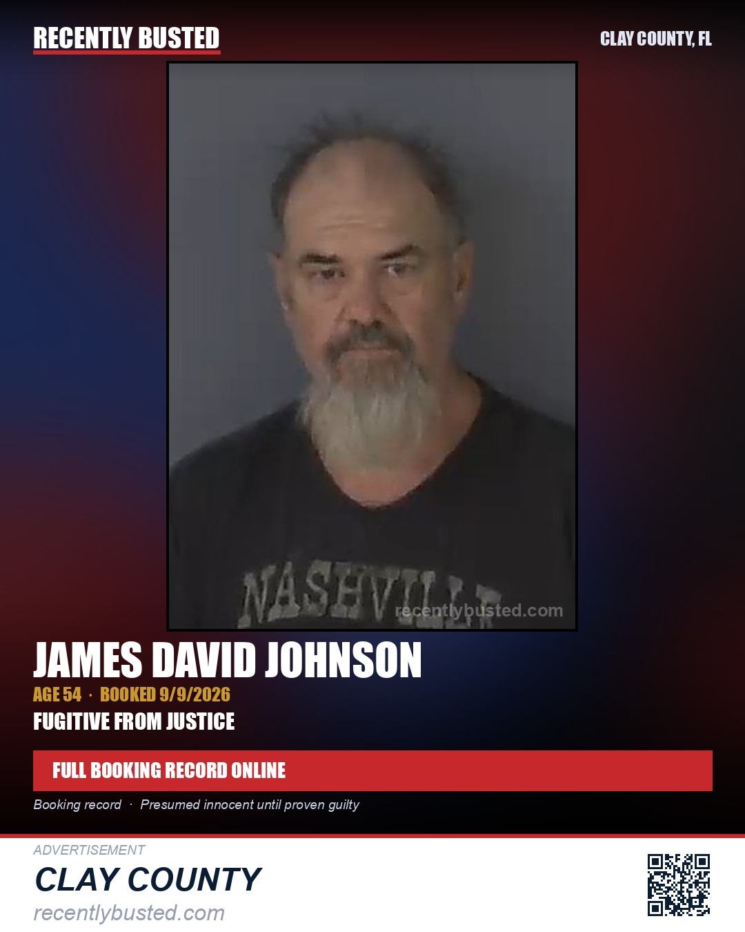 JAMES DAVID JOHNSON — arrest record card, Clay County, Florida