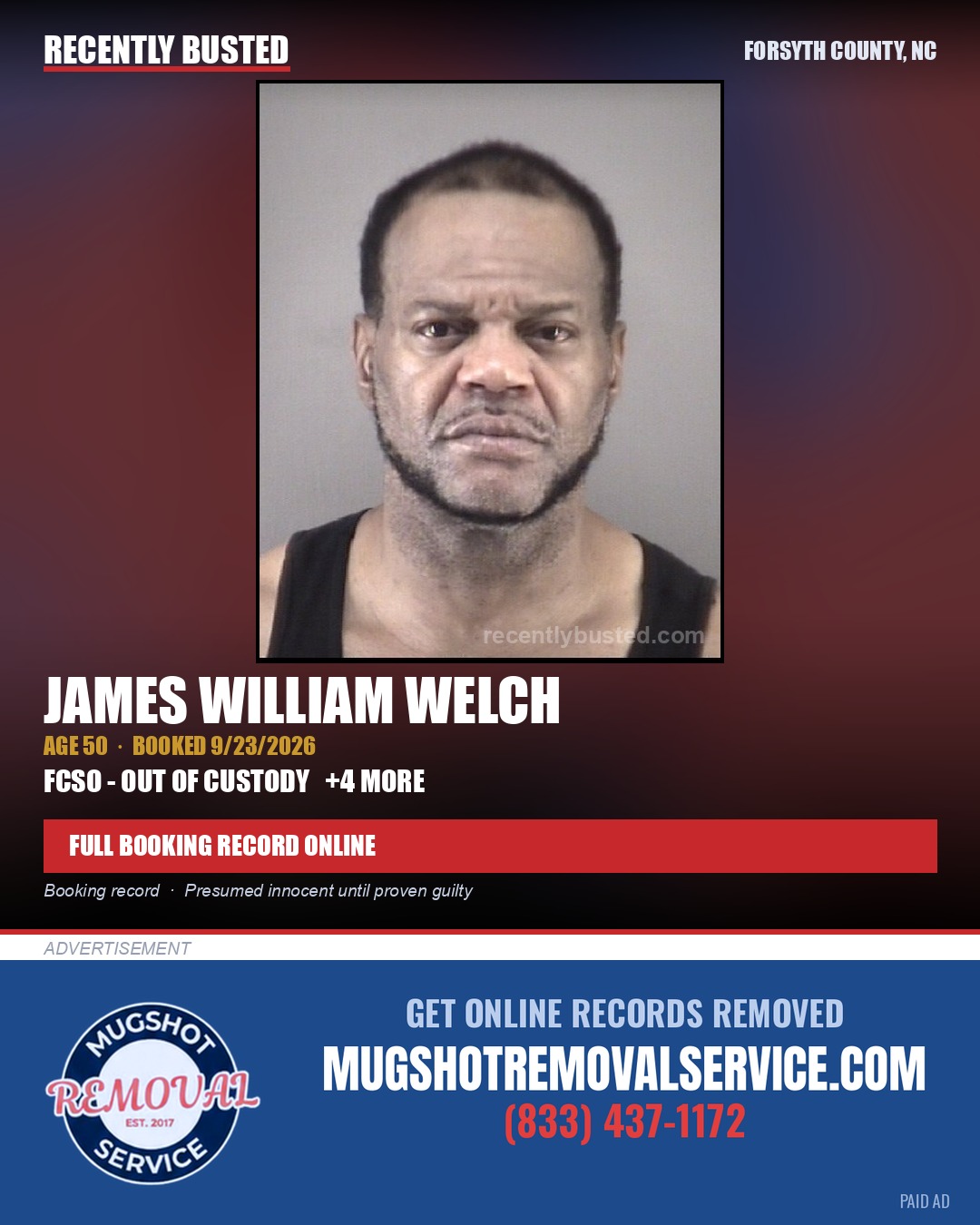 JAMES WILLIAM WELCH — arrest record card, Forsyth County, North Carolina