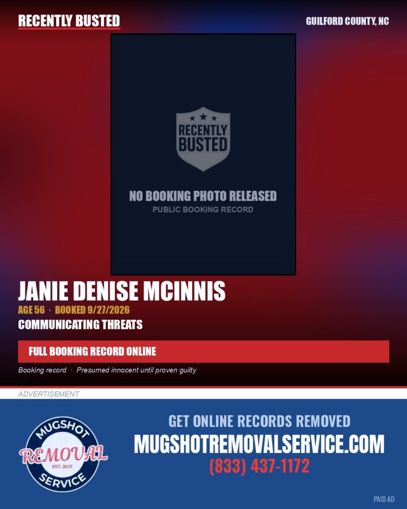 JANIE DENISE MCINNIS — arrest record card, Guilford County, North Carolina