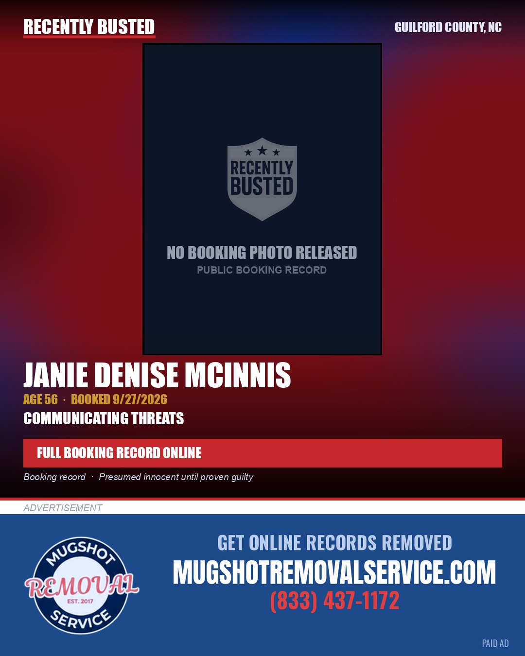 JANIE DENISE MCINNIS — arrest record card, Guilford County, North Carolina