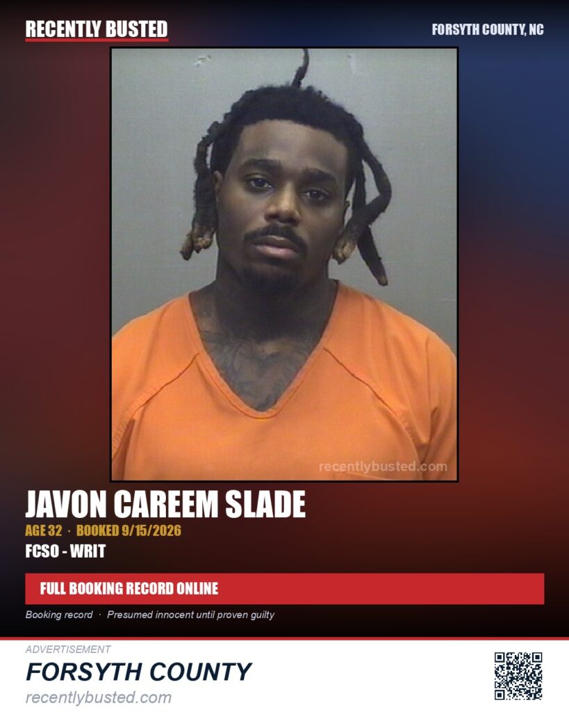 JAVON CAREEM SLADE — arrest record card, Forsyth County, North Carolina