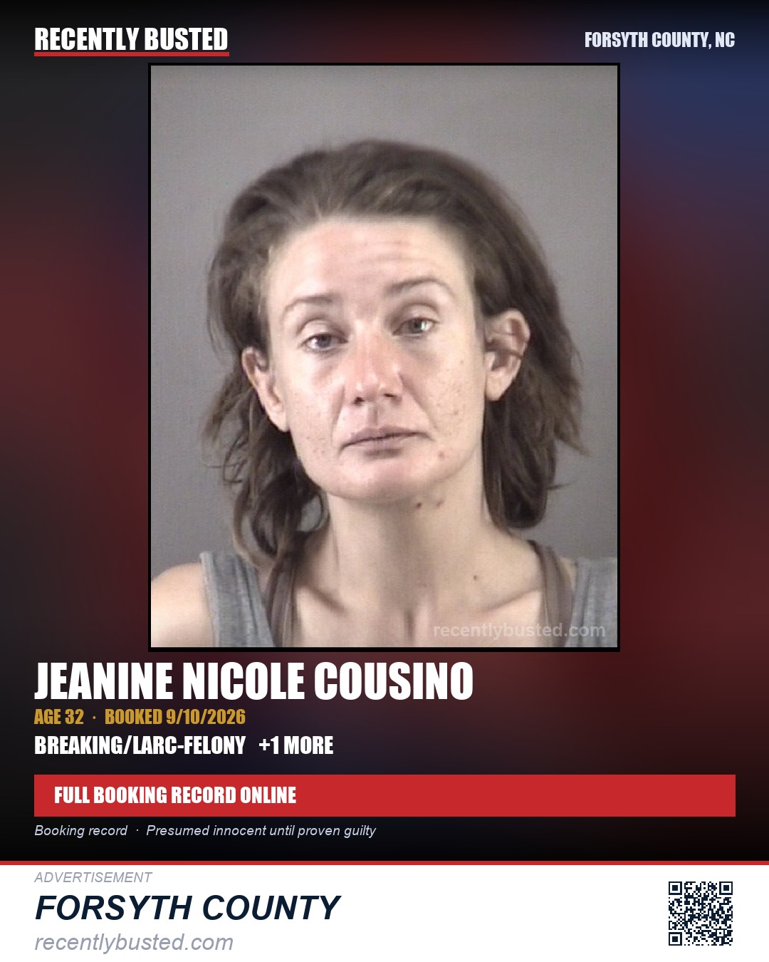 JEANINE NICOLE COUSINO — arrest record card, Forsyth County, North Carolina