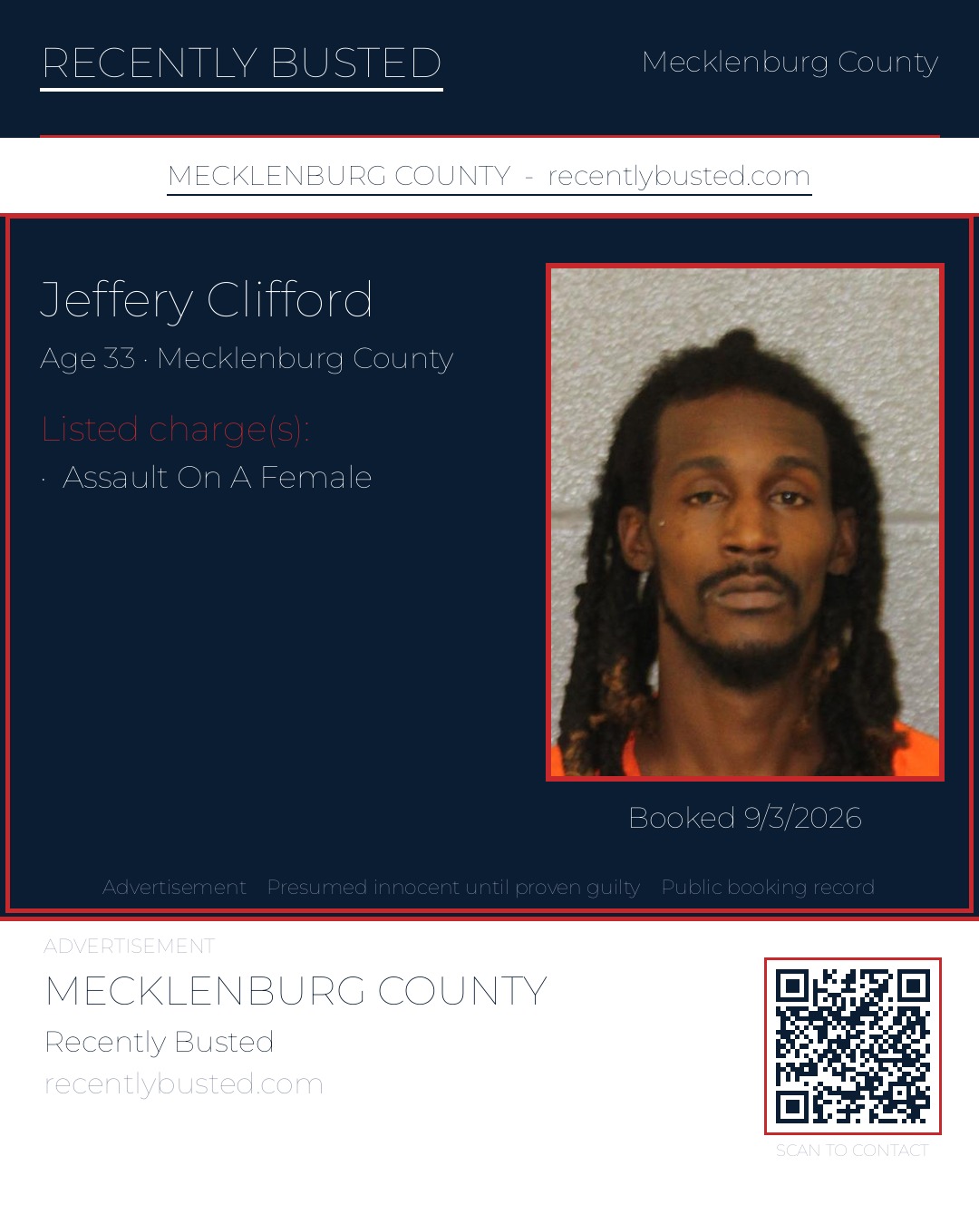 JEFFERY CLIFFORD — arrest record card, Mecklenburg County, North Carolina