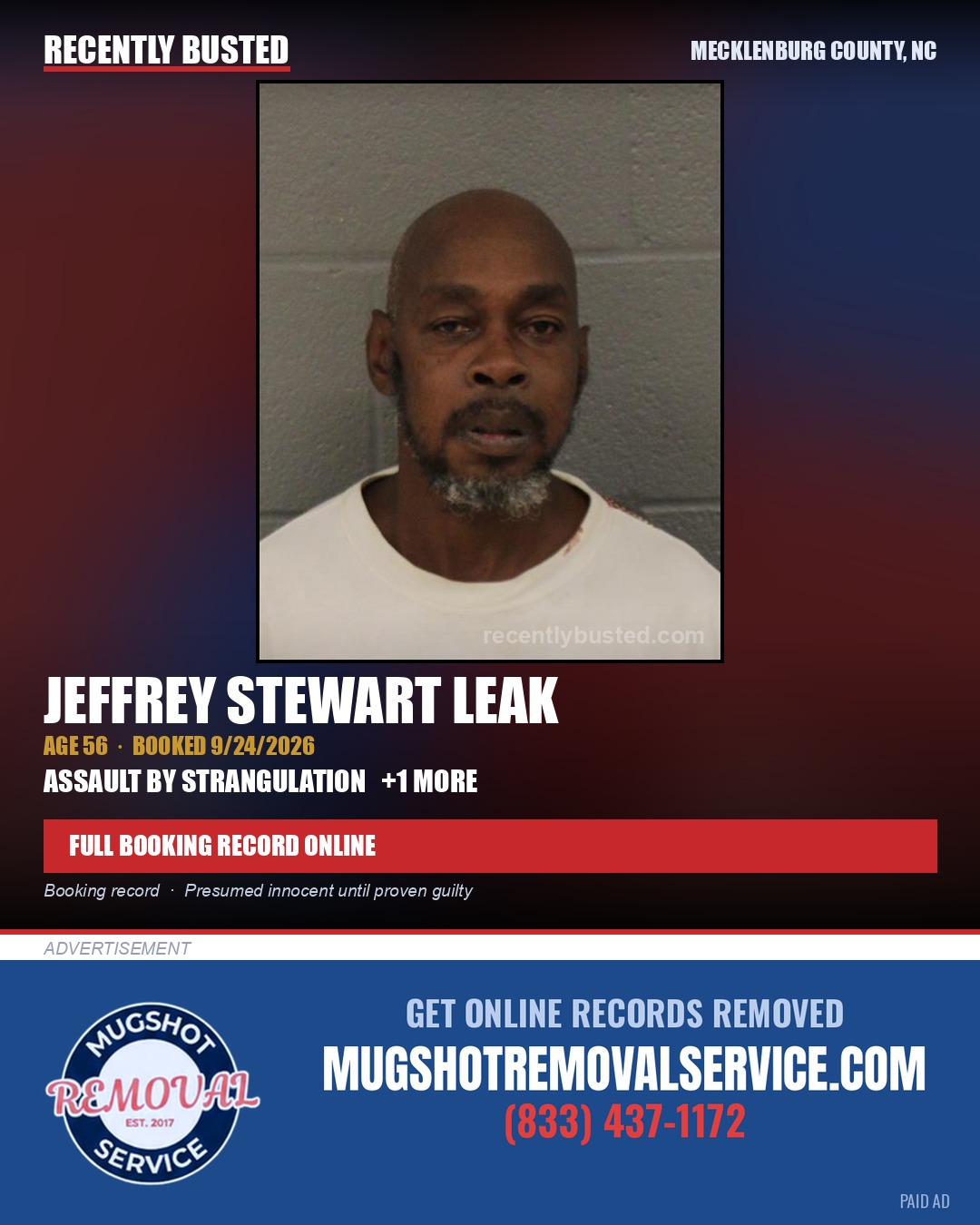 JEFFREY STEWART LEAK — arrest record card, Mecklenburg County, North Carolina