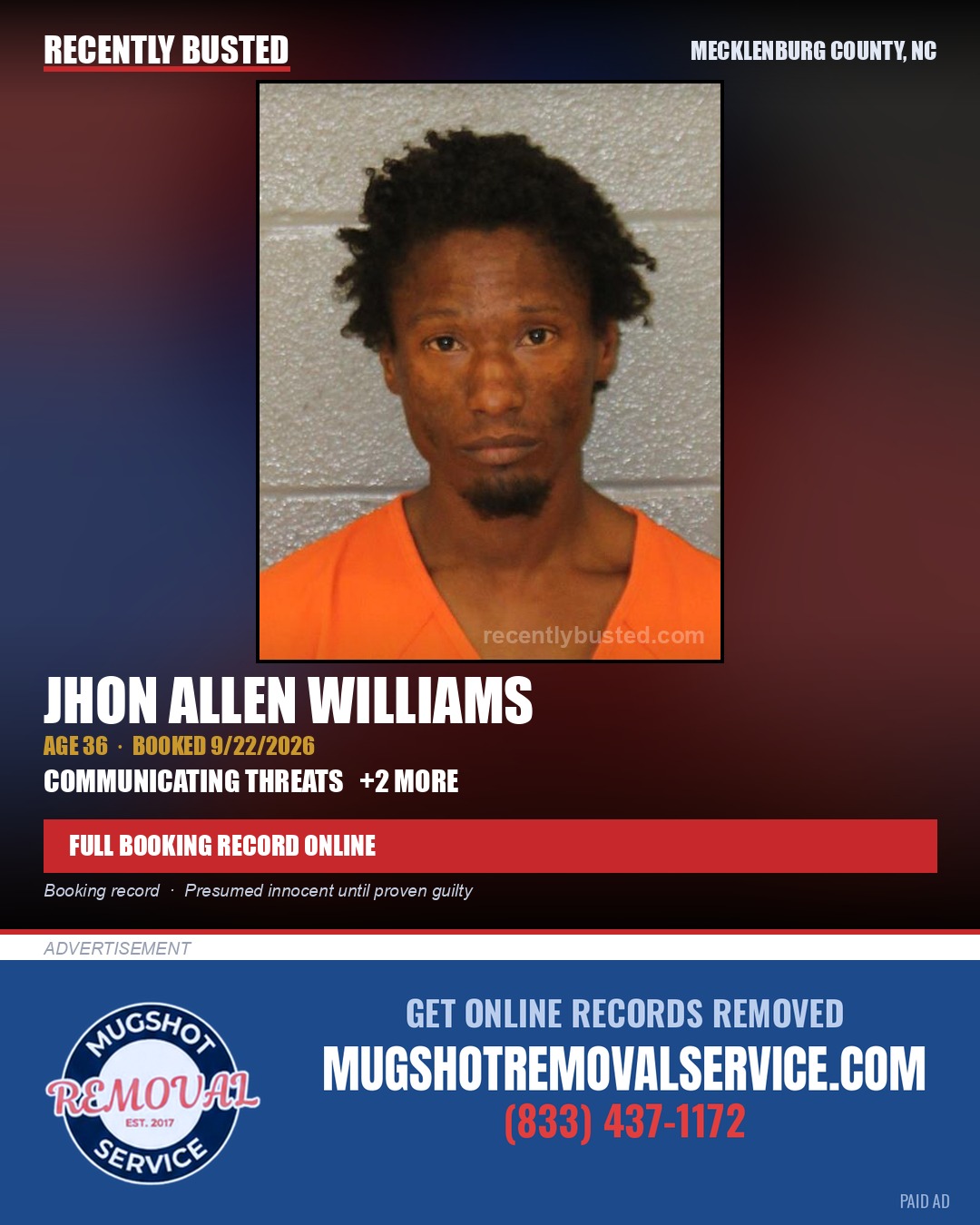 JHON ALLEN WILLIAMS — arrest record card, Mecklenburg County, North Carolina