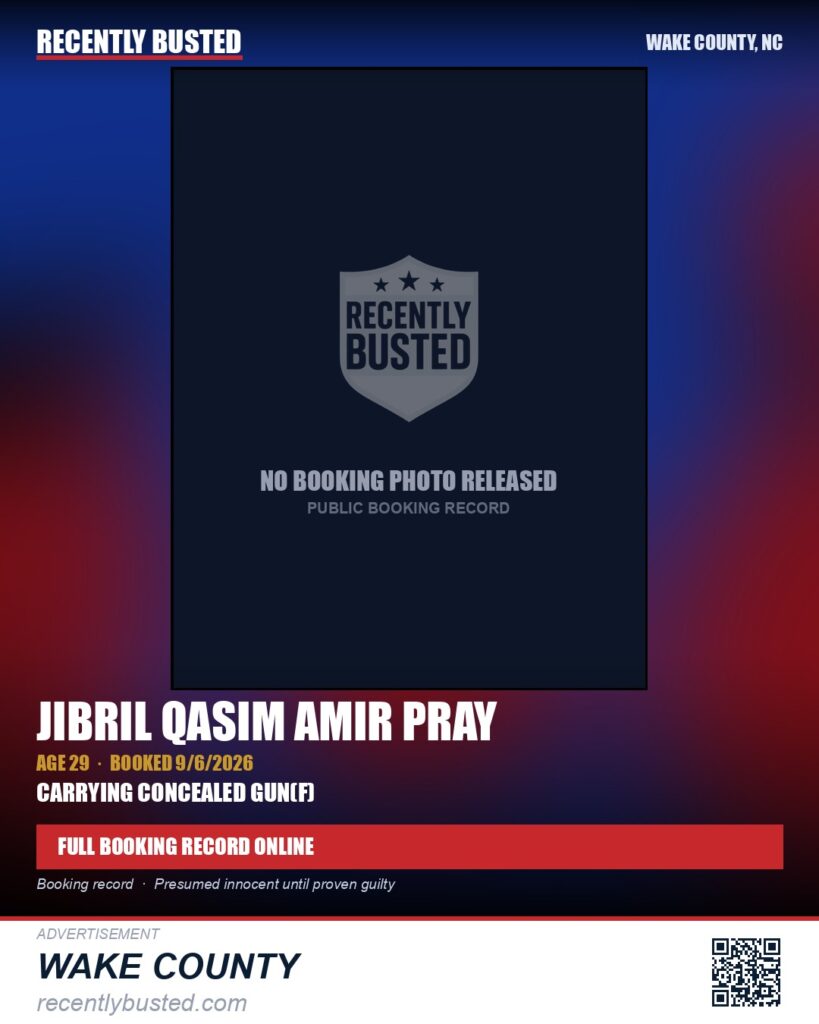 JIBRIL QASIM  AMIR PRAY — arrest record card, Wake County, North Carolina