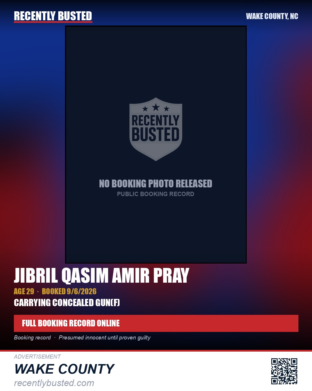 JIBRIL QASIM  AMIR PRAY — arrest record card, Wake County, North Carolina