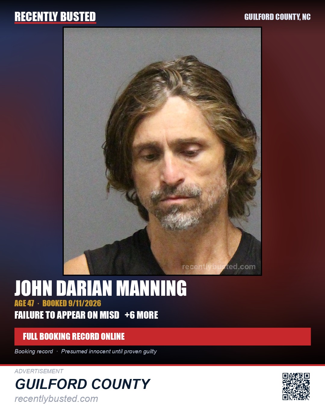 JOHN DARIAN MANNING — arrest record card, Guilford County, North Carolina