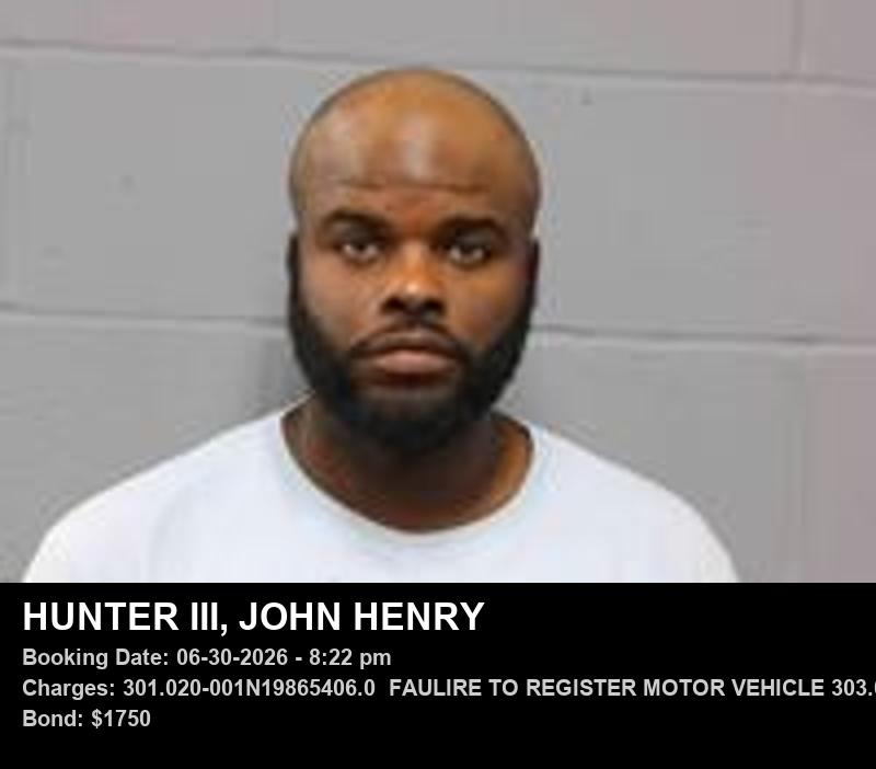 JOHN HENRY HUNTER III — arrest record card, Johnson County, Missouri