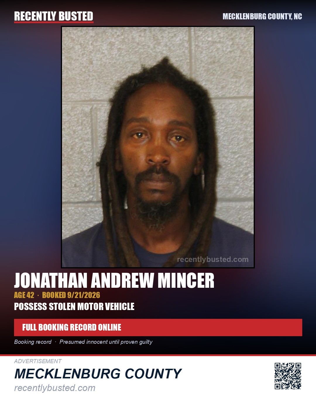 JONATHAN ANDREW MINCER — arrest record card, Mecklenburg County, North Carolina