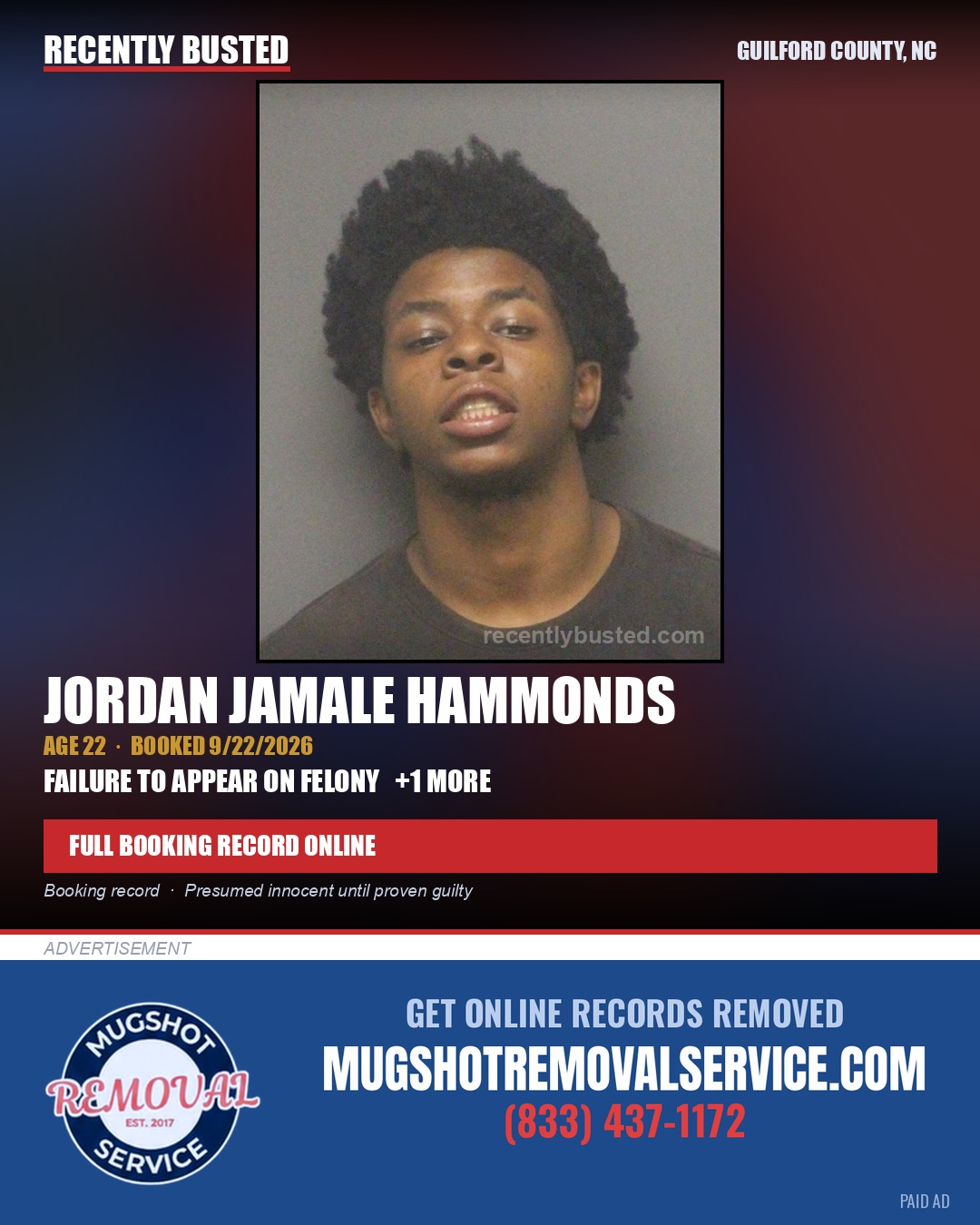JORDAN JAMALE HAMMONDS — arrest record card, Guilford County, North Carolina
