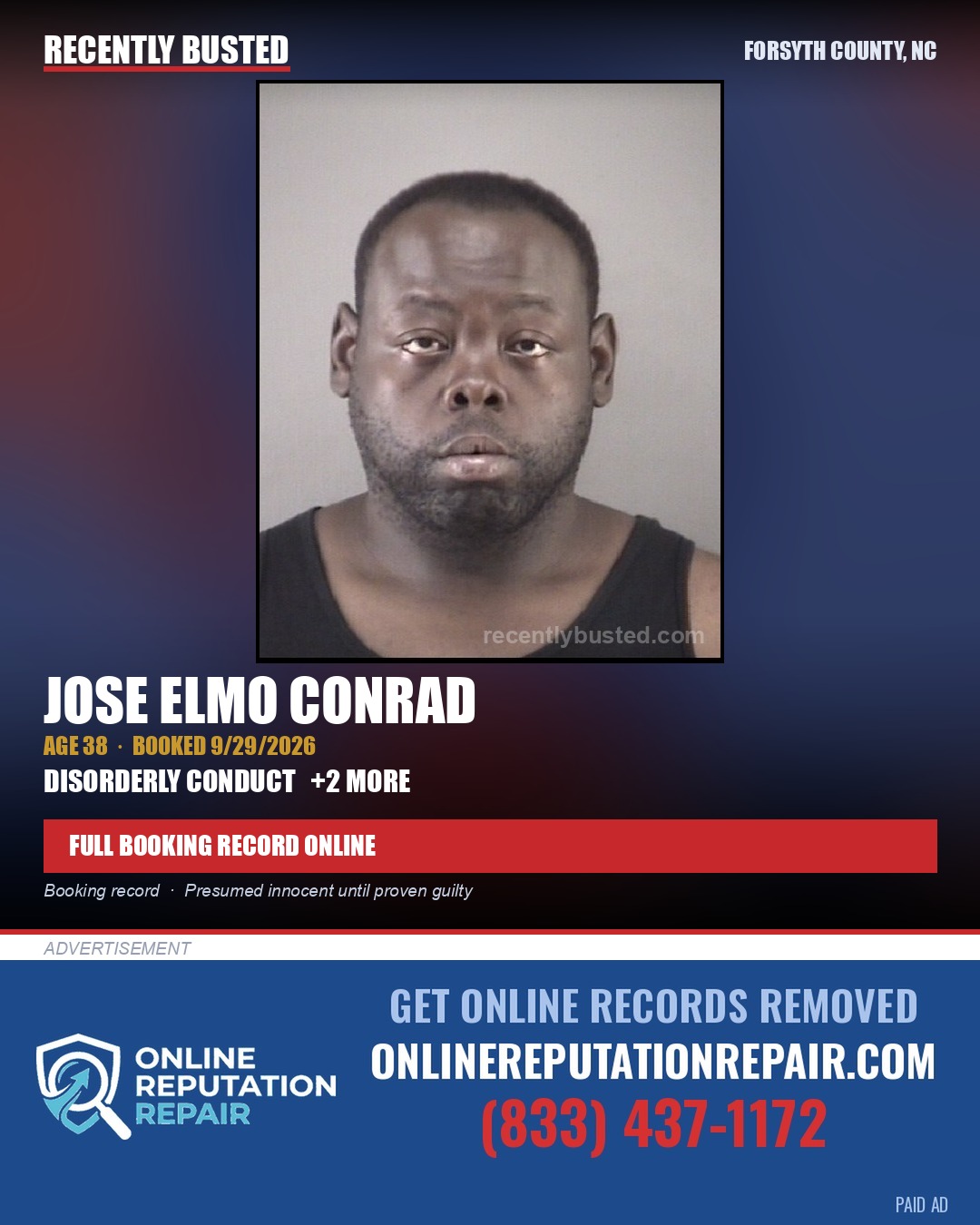 JOSE ELMO CONRAD — arrest record card, Forsyth County, North Carolina