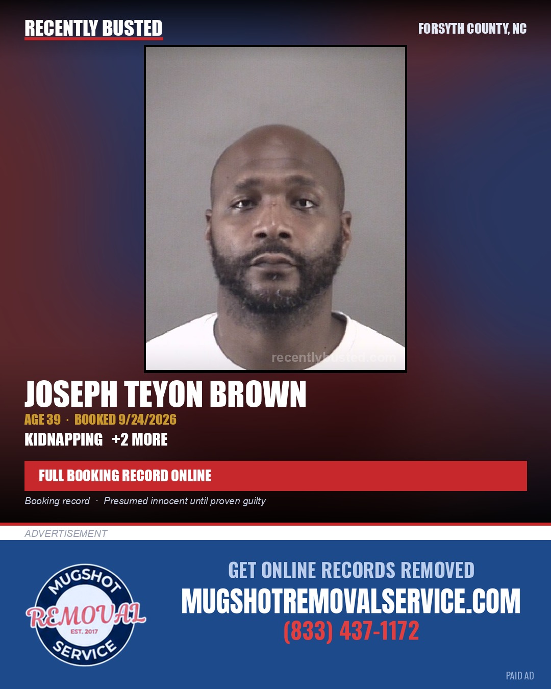 JOSEPH TEYON BROWN — arrest record card, Forsyth County, North Carolina