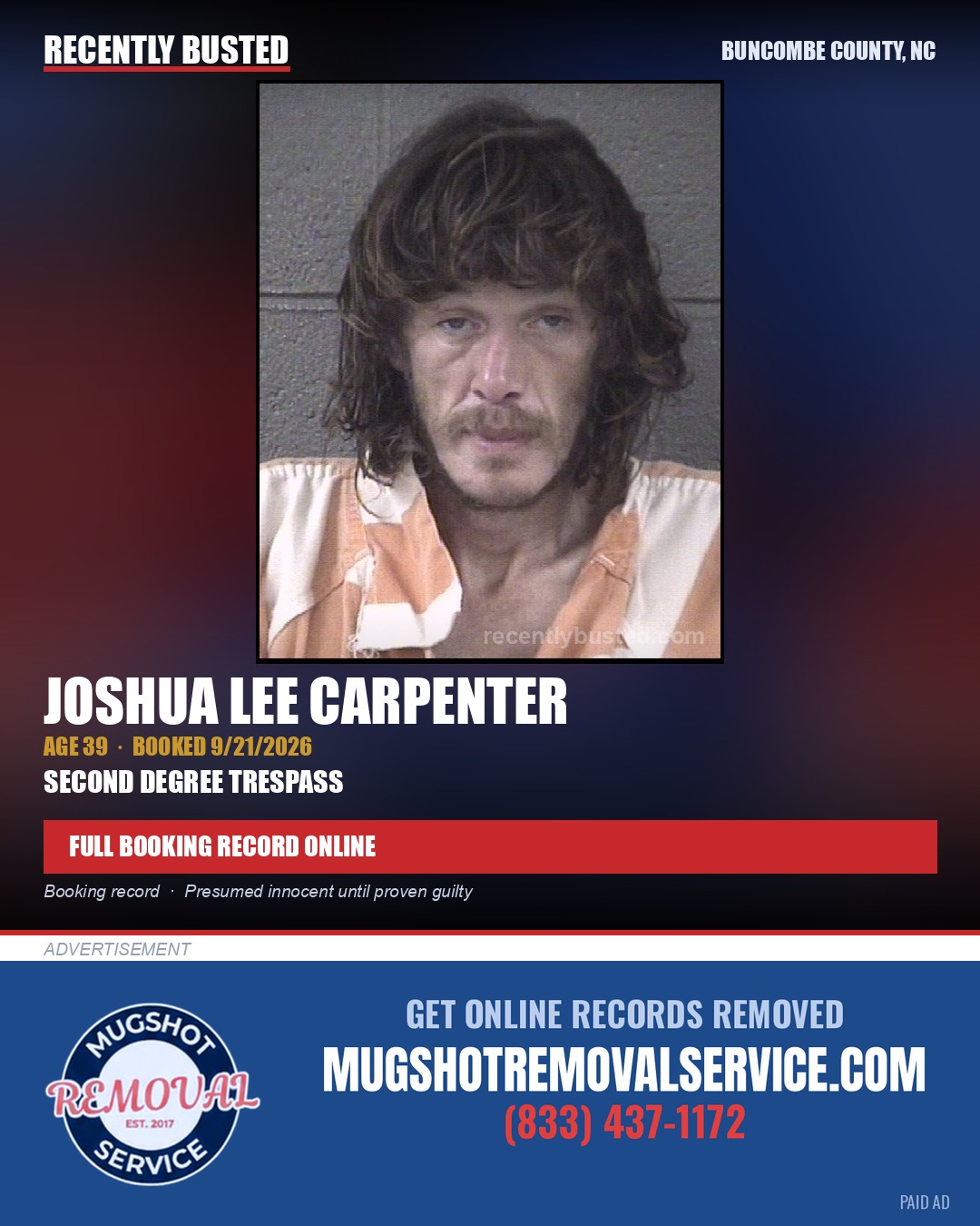 JOSHUA LEE CARPENTER — arrest record card, Buncombe County, North Carolina