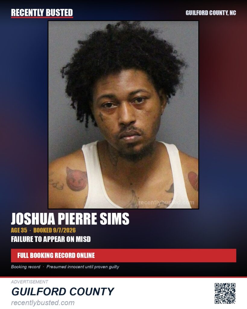 JOSHUA PIERRE SIMS — arrest record card, Guilford County, North Carolina