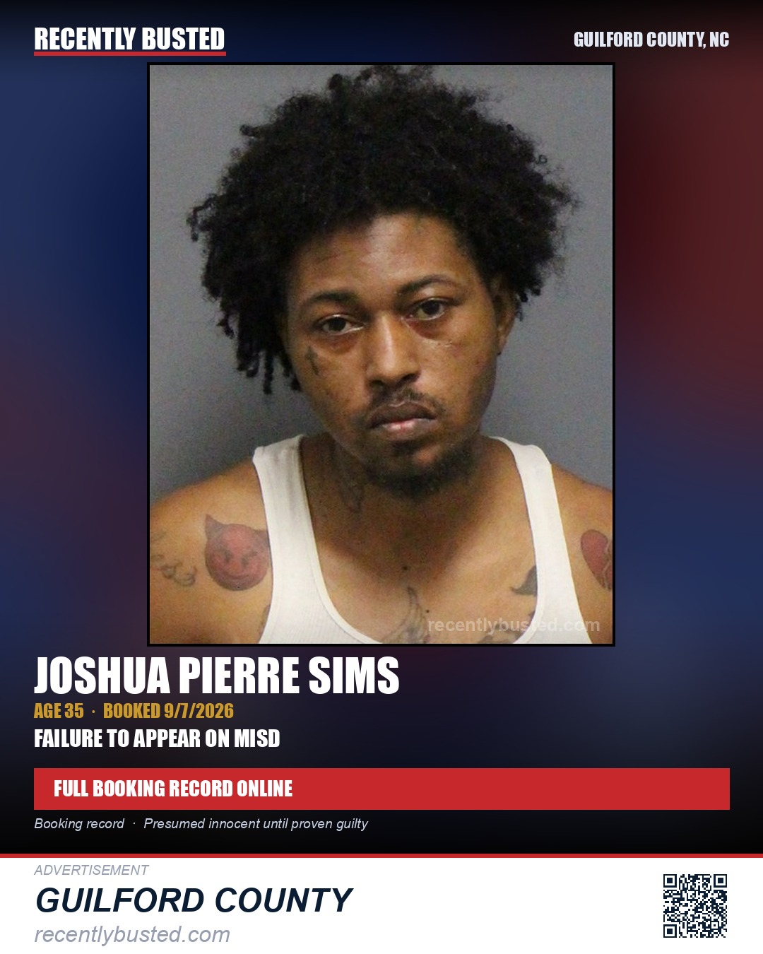 JOSHUA PIERRE SIMS — arrest record card, Guilford County, North Carolina